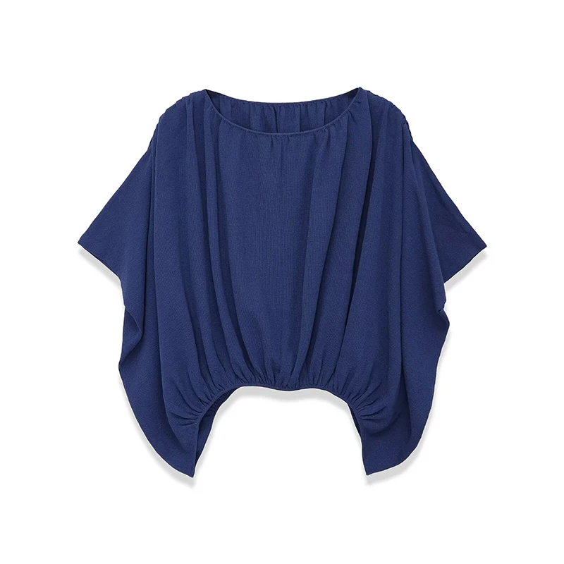 

YENKYE 2026 Новая женская укороченная блузка темно-синего цвета с рукавами «летучая мышь», присборенная, с эластичной талией, вязаная, свободного кроя, для повседневной носки