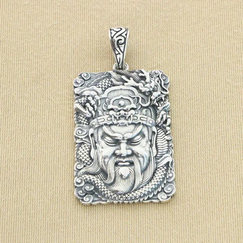 

Chinese style pure silver martial god of wealth Guan Gong pendant, Thai silver domineering men's retro necklace, protective tag