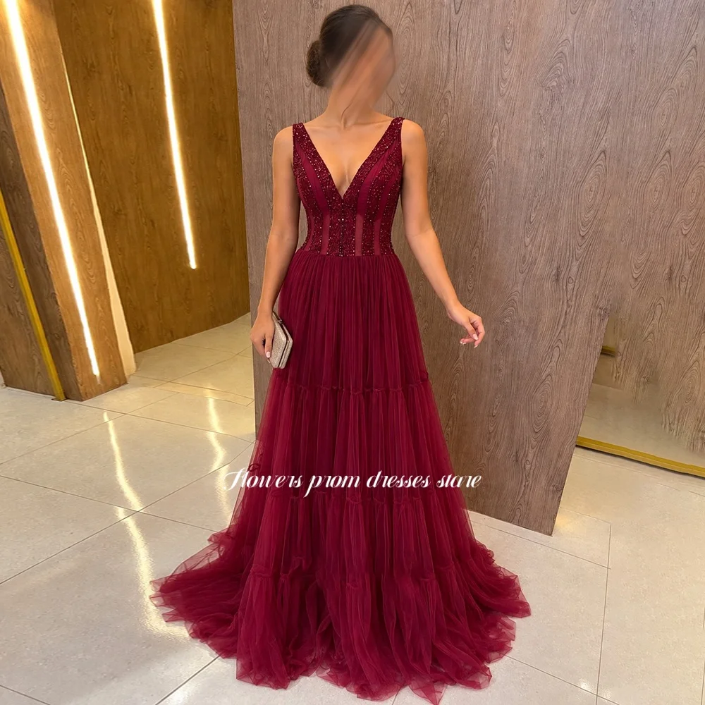 Flowers Bugundy Evening Dress with Beads A Line Prom Dress with Pleats V Neck A Line Party Ball Gowns for Princess Customized