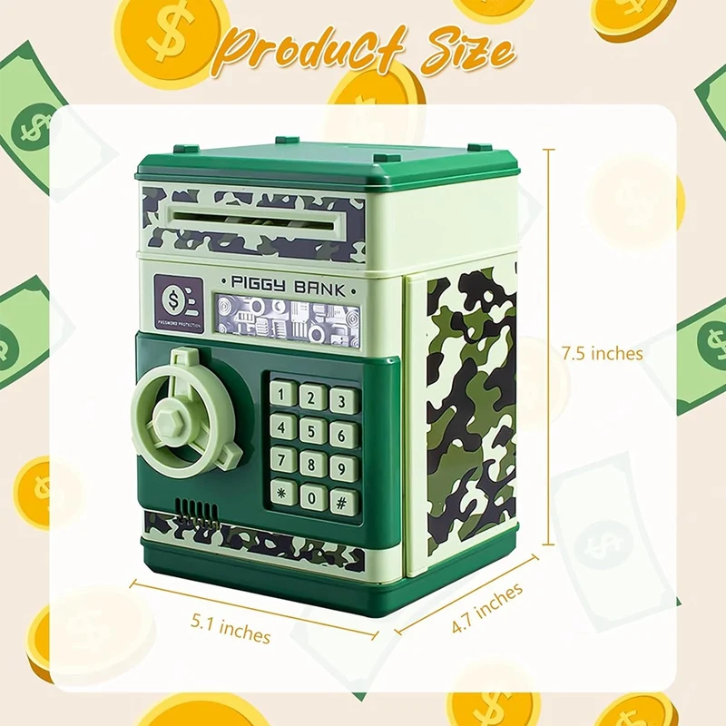 ATM Piggy Bank For Boys Girls, ATM Coin Bank Money Saving Box With Password, For Adults With Auto Grab Bill Slot Green Durable