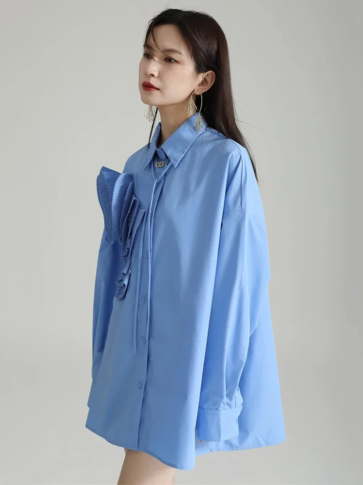 Women Blue Pleated Flower Big Size Blouse New Lapel Long Sleeve Loose Fit Shirt Fashion Tide Spring Autumn 2024 1DH0316