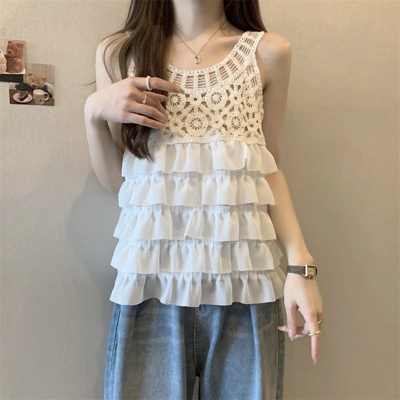 Summer Sleeveless Hook Flower Hollow Out Blouse Women Patchwork Chiffon Shirt Ruffles Knitted Vest Tops