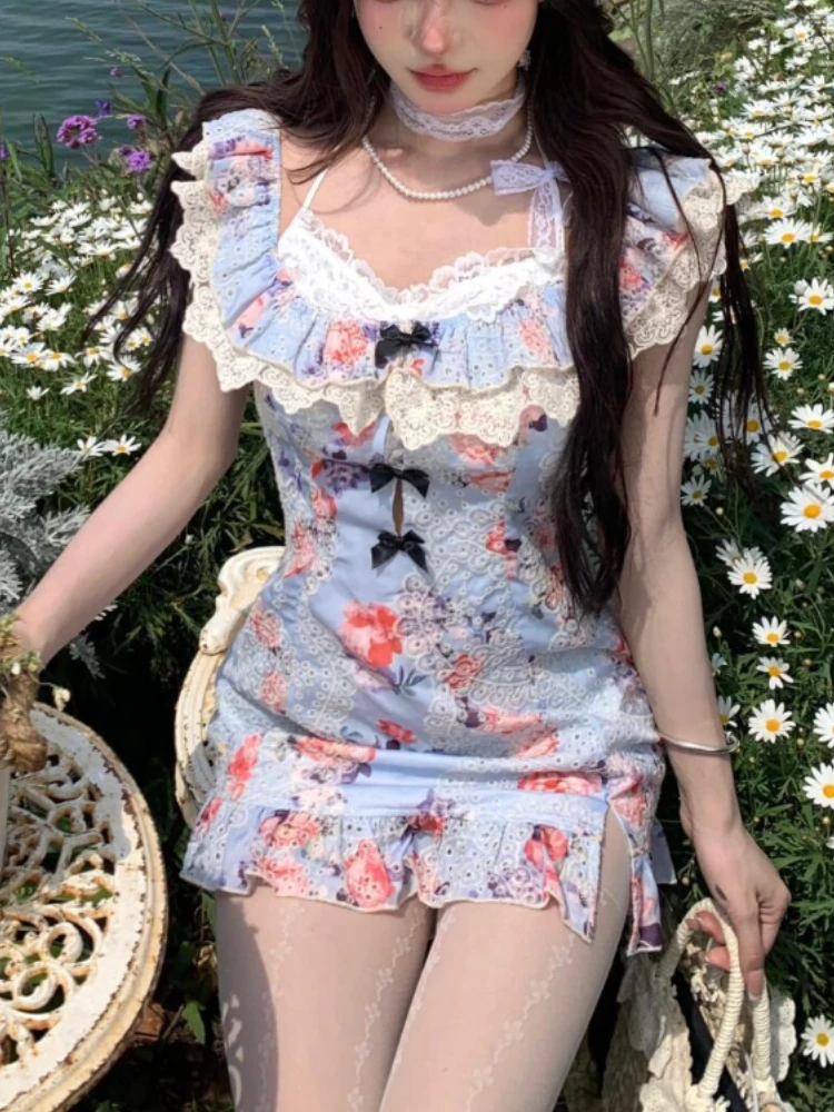 Zomer Sexy Print Bloemenjurk Vrouwen Lieve Y 2K Kawaii Mini Jurken Dames Koreaanse Mode Chique Fee Slank Feest Boho Jurk 024