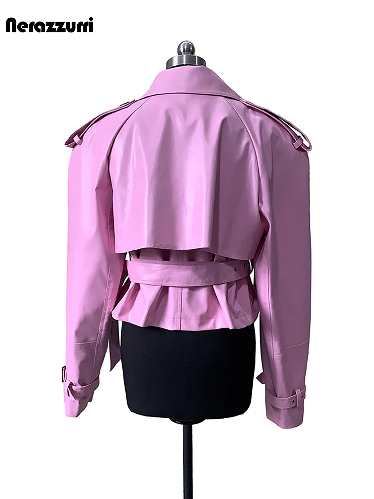Nerazzurri Short Oversized Bright Pink Pu Leather Trench Coat for Women Shoulder Pads Belt Long Sleeve Luxury Designer Clothes