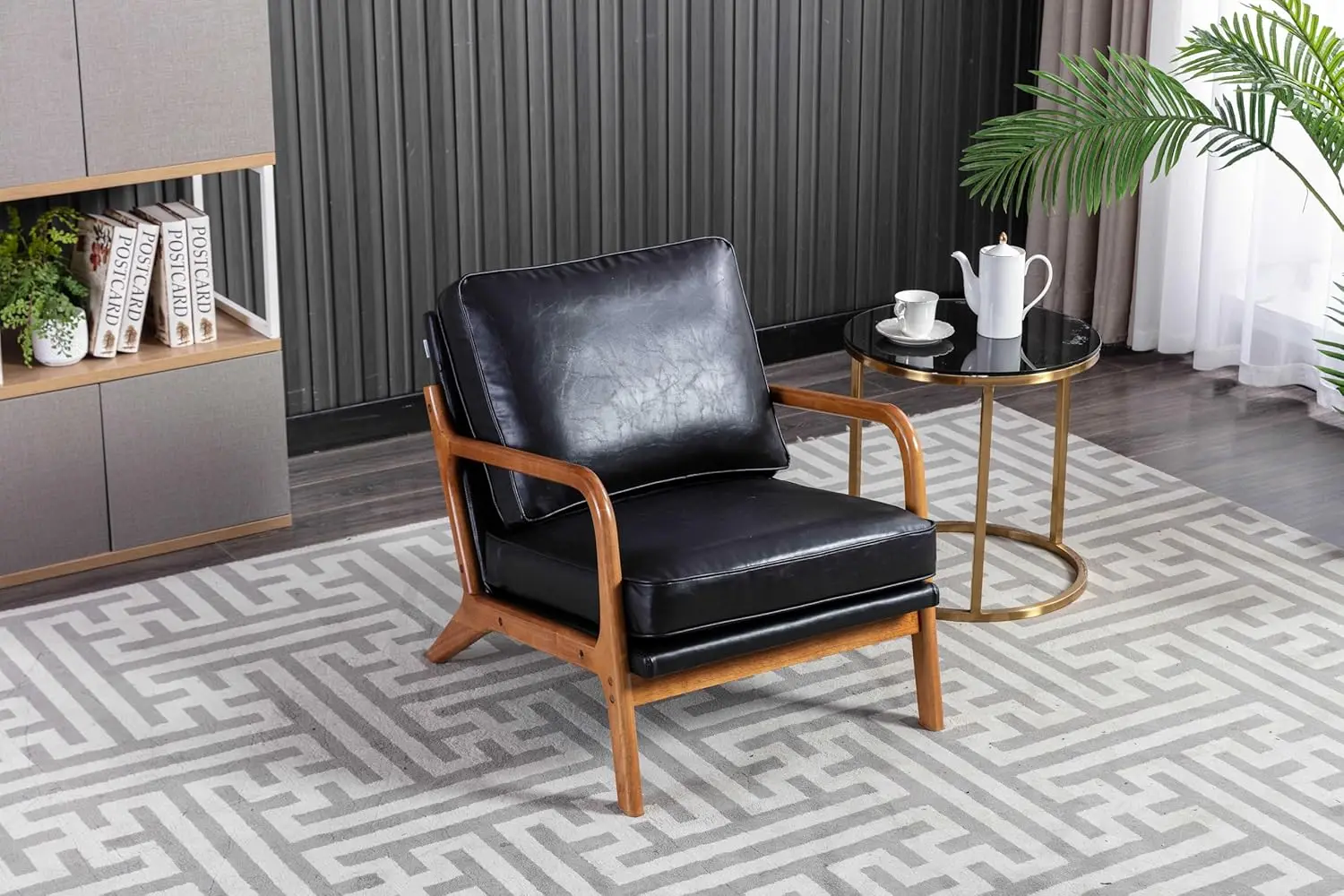 Accent Chair, Mid-Century Modern Armchair with Solid Wood Frame for Living Room Bedroom Belcony (Black + PU Leather)