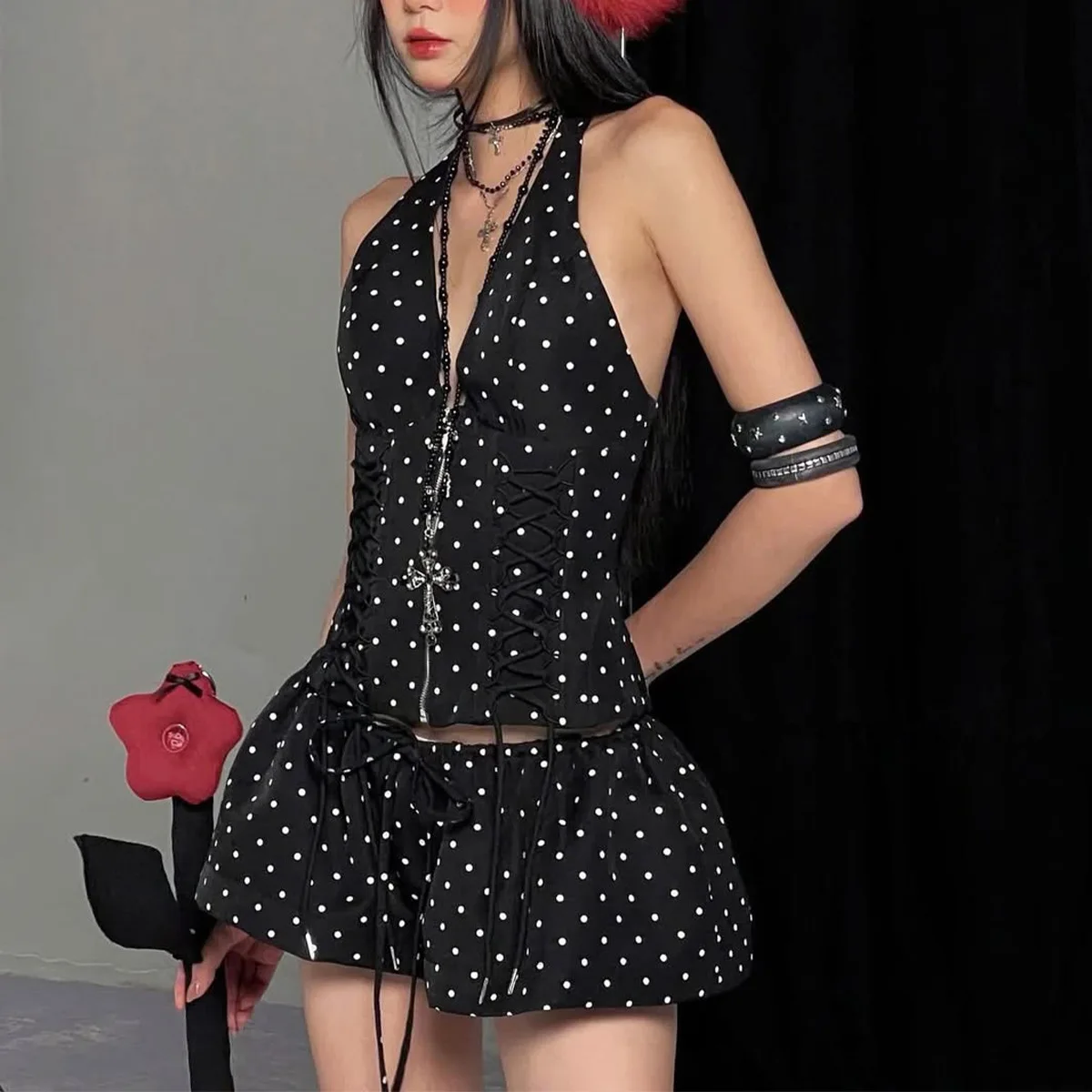 

Gtpdpllt Sweet Polka Dot Print Bandage Women's 2 Piece Sets Sexy Halter Top And Mini Short Skirts Fashion Street Matching Outfit