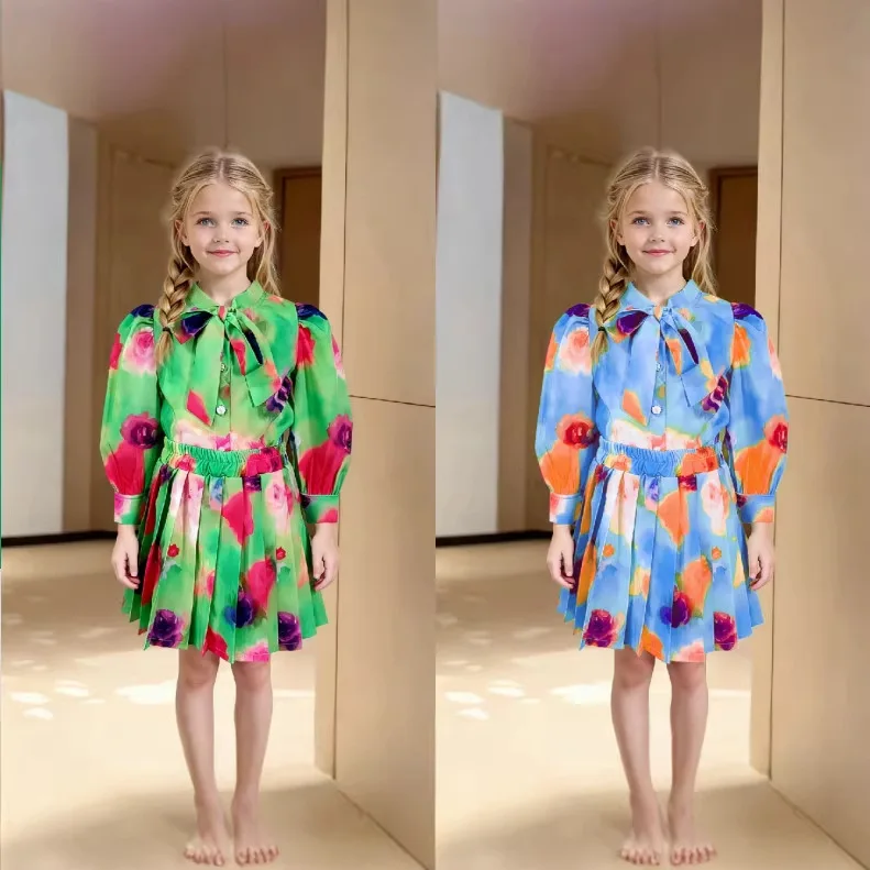 Girls Set 2026 Spring Autumn New Girls Chiffon Printed Set Long Sleeved Shirt Pleated Skirt Two-piece Set