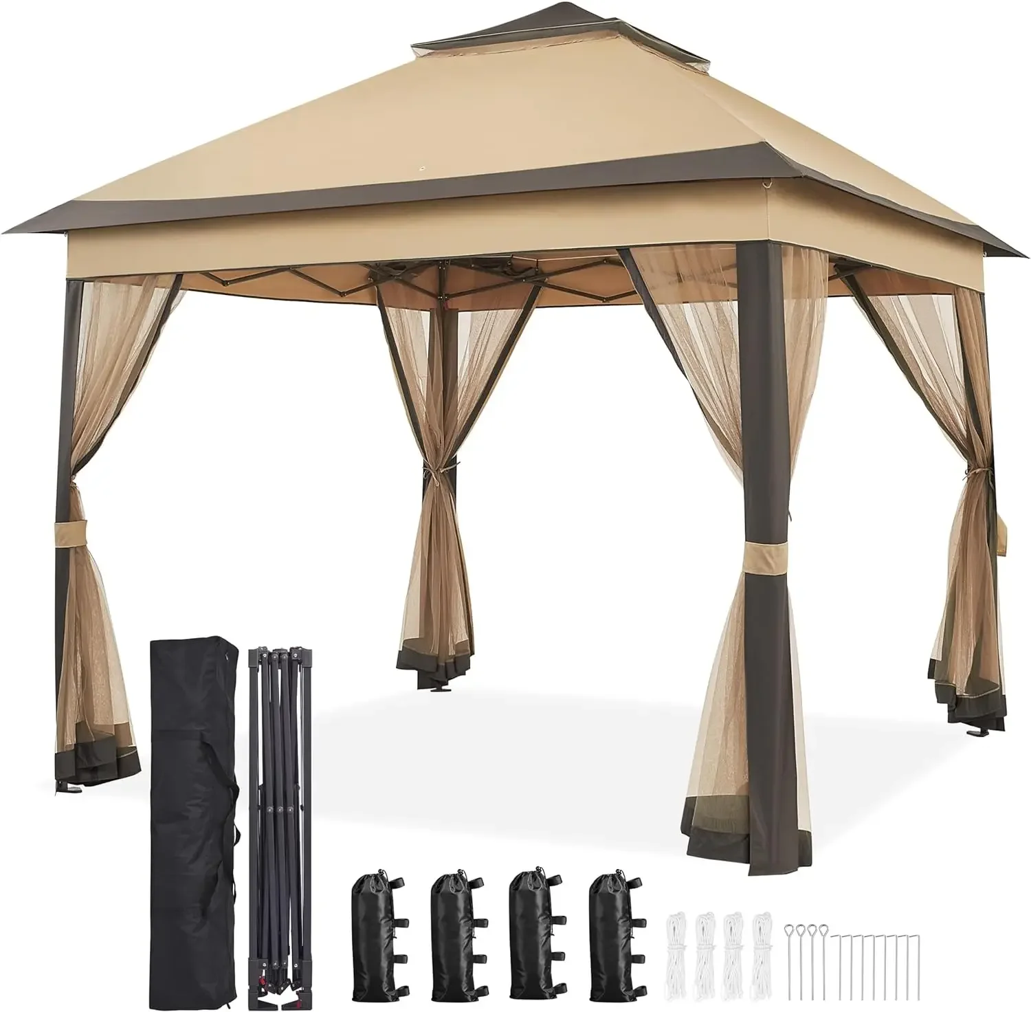 

Pop Up Gazebo Outdoor Canopy Shelter, Instant Patio Gazebo Sun Shade Canopy Tent with 4 Sandbags, Double Tiers & Mesh Netting