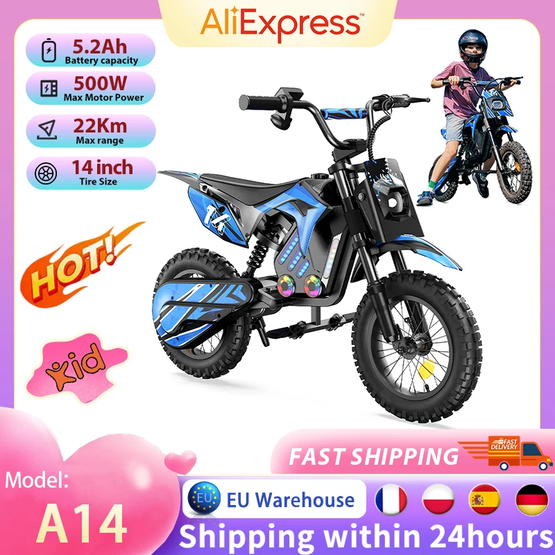 Moto électrique pour enfants A14, moteur 500W, autonomie 22 km, batterie 36V 5.2Ah, 3 vitesses (27 km/h), double freinage, amortisseurs, lumières pour le plaisir en extérieur