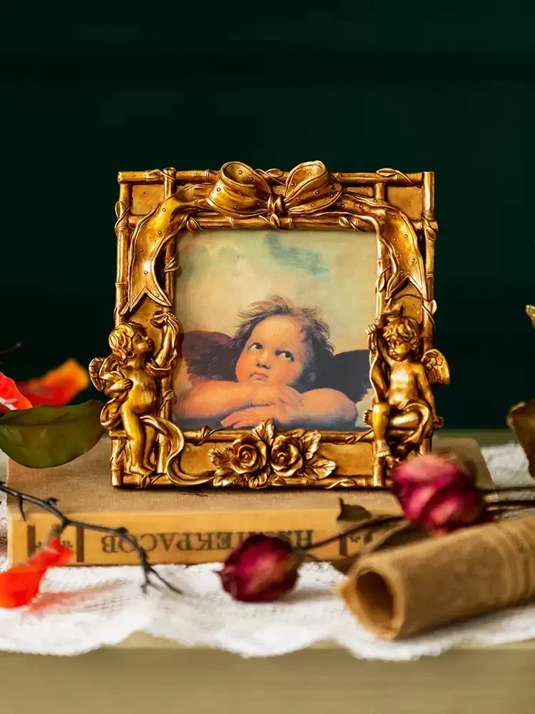 Vintage Resin Photo Frame Mirror 4x4 Inch Square Angel Ribbon Rose Flower Ornated Gold For Home Tabletop Decoration With Easel