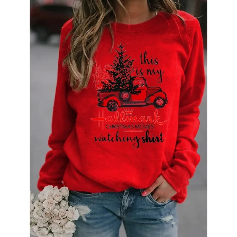 Christmas Tree Car Printed Long Sleeve Collar Loose Round Neck Hoodie Winter Autumn Graphic T Shirts  Women Clothing