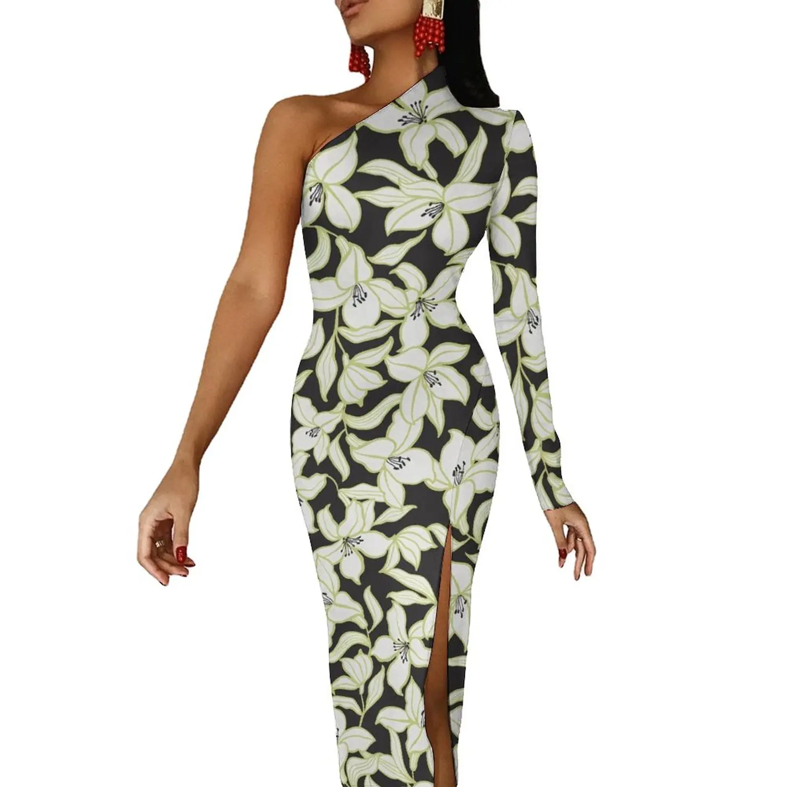 Elegancka kwiecista obcisła sukienka Kobiece kwiaty Drukuj Kawaii Maxi Sukienka Jedno ramię Party Niestandardowe sukienki Prezent urodzinowy