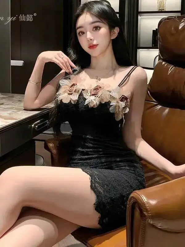Sexy puro deseo ceñido al cuerpo vestido de encaje puro deseo camisón Sexy bata moda dulce Mini vestido 3D flor 2025 partes superiores nuevas UQF3