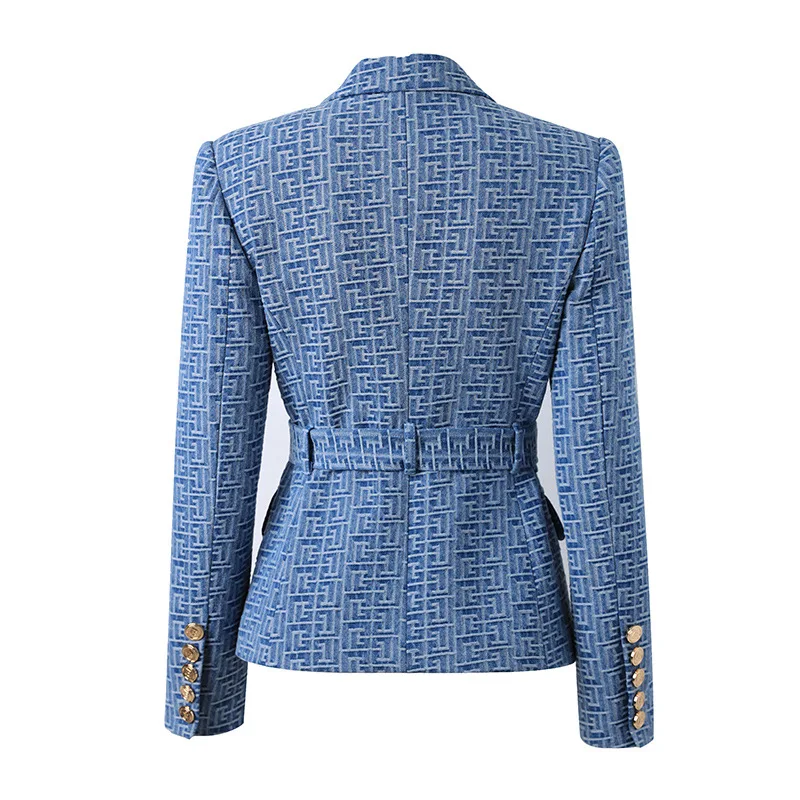 Blazer à motif de labyrinthe avec ceinture pour femme, revers cranté imbibé, deux grandes poches, taille serrée unique, vêtements de style occidental, le plus récent en stock