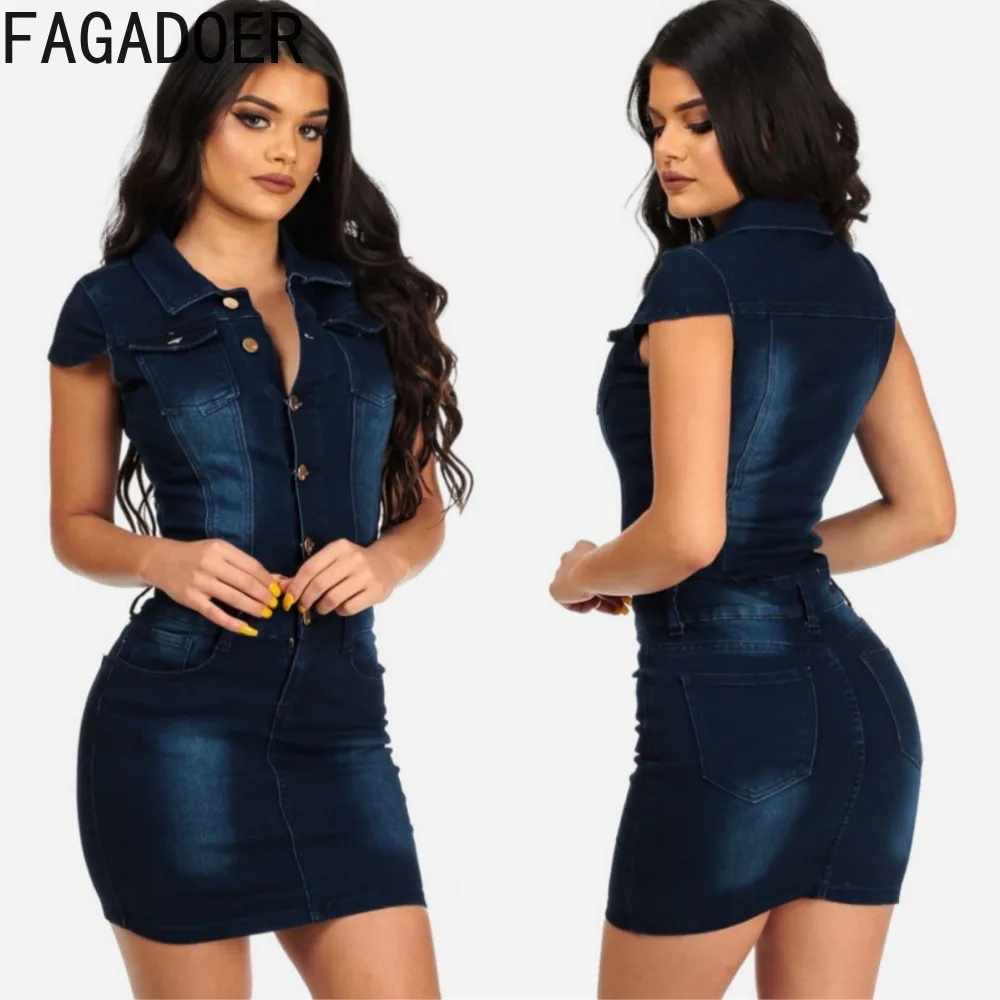 

FAGADOER Dark Blue Fashion Button Slim Denim Mini Dresses Women Turndown Collar Sleeveless Vestidos Female Cowboy Clothing 2024