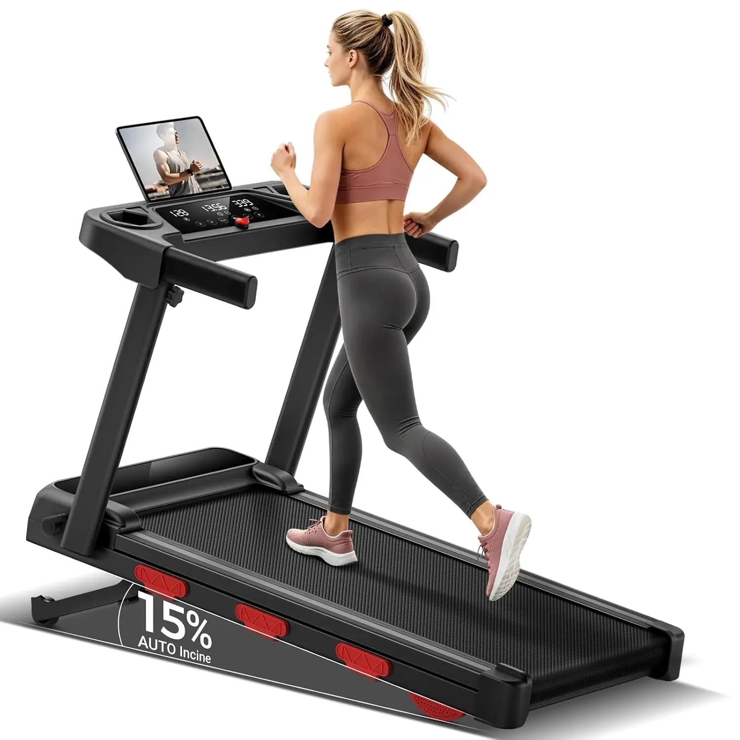 Folding Treadmill with Auto Incline 0-15%, 3.0HP Low Noise Walking Pad for Home, 0.6-7.5 MPH, LED Display, 350LBS, Customized