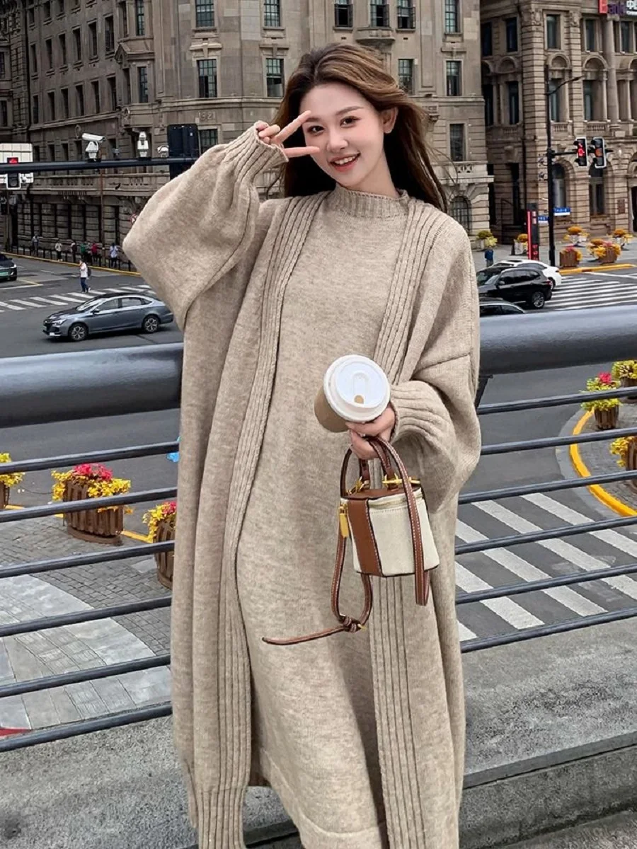 

Gentle Style Two-Piece Knitted Long Cardigan Jacket Sleeveless Half Turtleneck Dress Women Autumn Winter New Fashion Suit