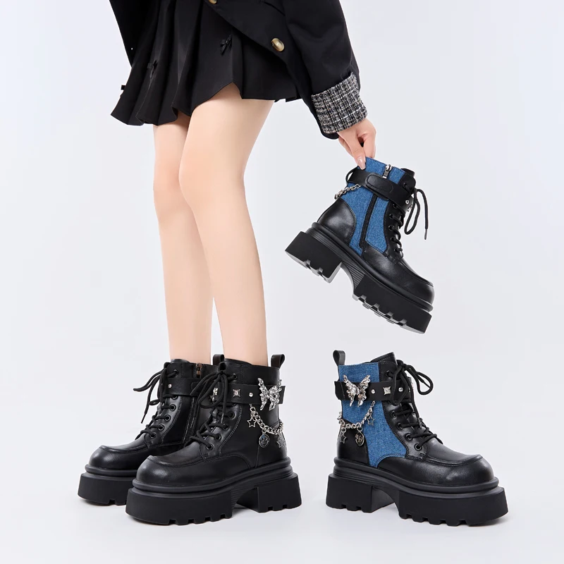 

Platform Bottom Butterfly Cool Martin Boots British Style Fashion Casual Lightweight Knight Boots Thick Heel Cosplay Short Boots