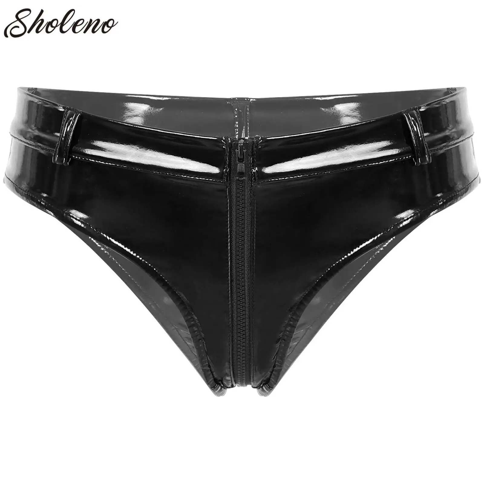 

Womens Zipper Crotch Booty Shorts Wet Look Patent Leather Briefs Panties Sexy Low Waist Hot Pants Pole Dance Party Clubwear