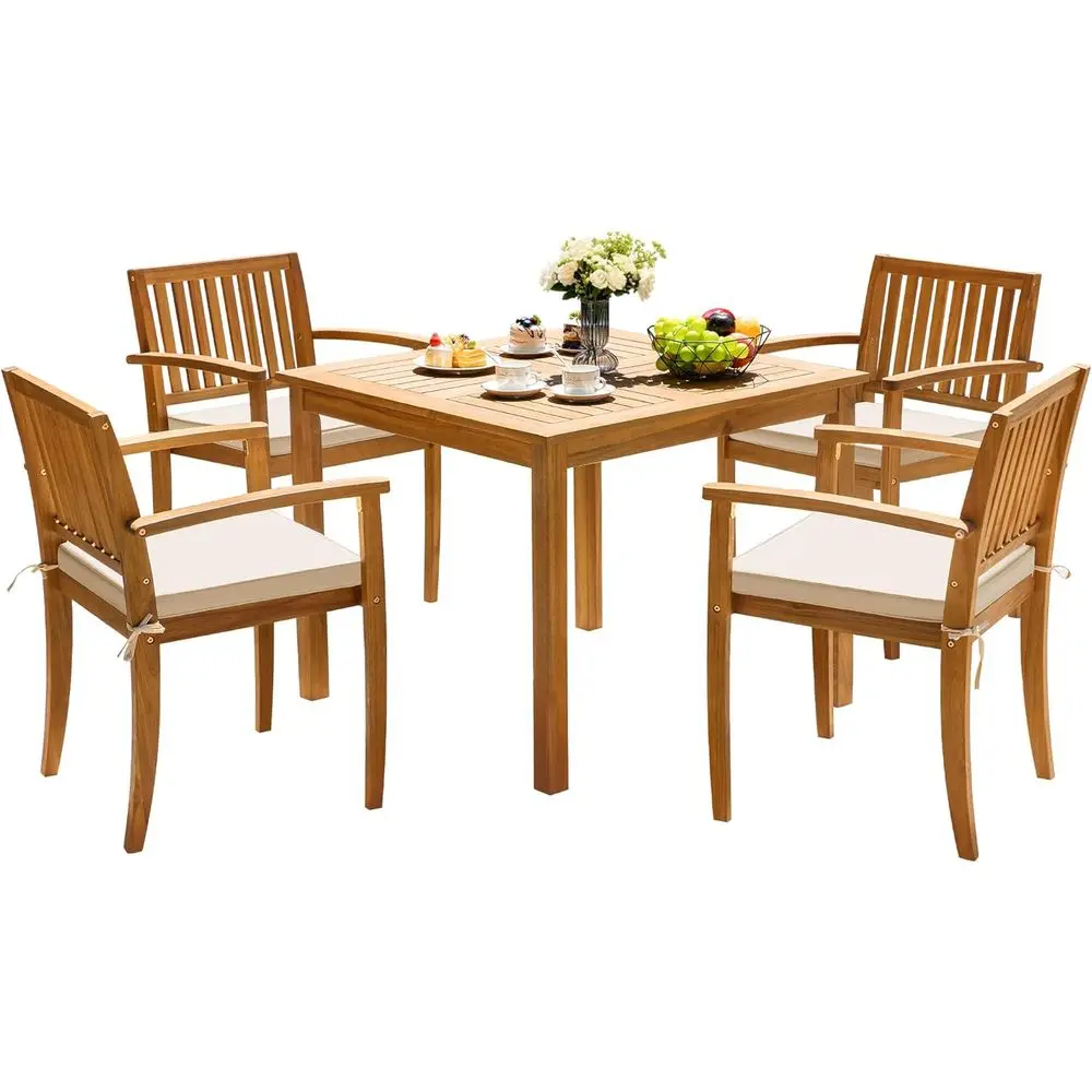 

White Outdoor Patio Dining Set with Solid Wood Square Table and 4 Chairs for Yard, Garden, or Porch