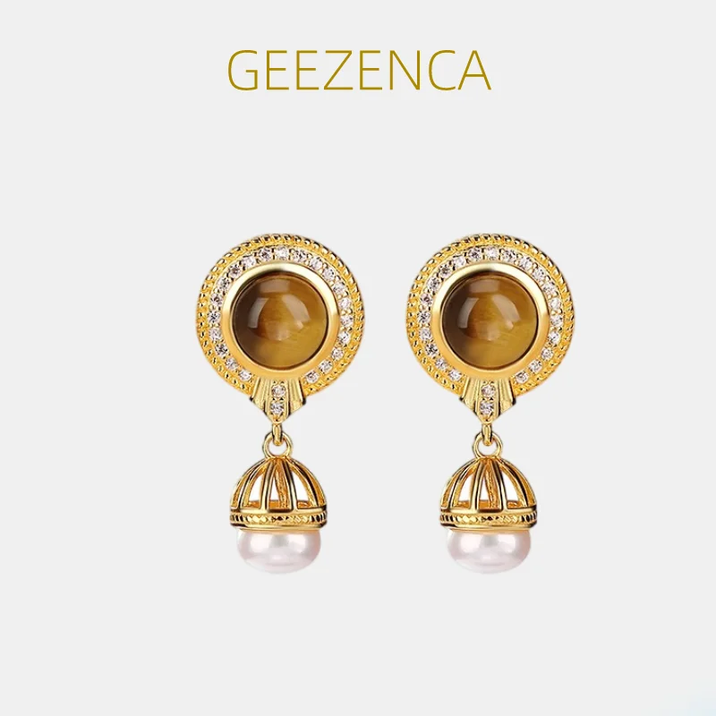 

GEEZENCA стерлингового серебра 925 пробы, тигровый глаз, камень, жемчуг, циркон, висячие серьги для женщин, 18-каратное золото, французские винтажные серьги-капли