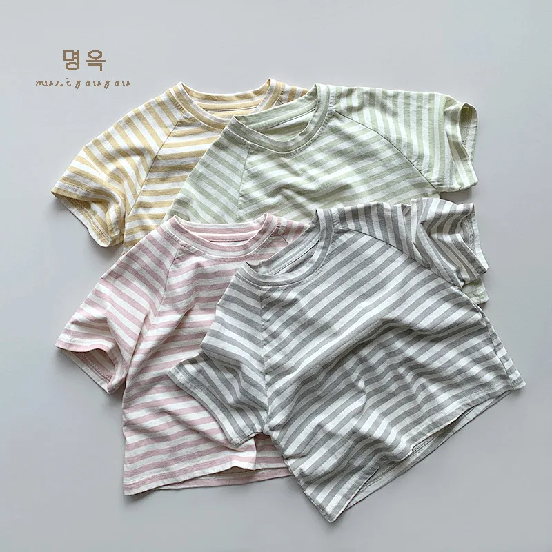 T-Shirts Children Short Sleeve Stripe Summer New Boys Girls Cotton Hemp Korean Versatile Causal Tops 2024 Fashion