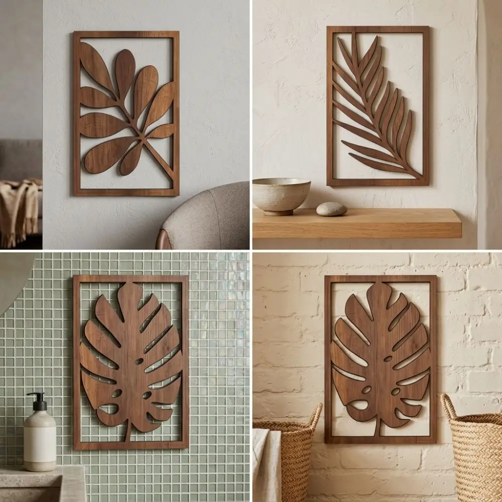 3Pcs Rustic Wooden Tropical Leaves Wall Sign Farmhouse Artistic Monstera Wall Panel Set Botanical Pattern Cutout Leaf