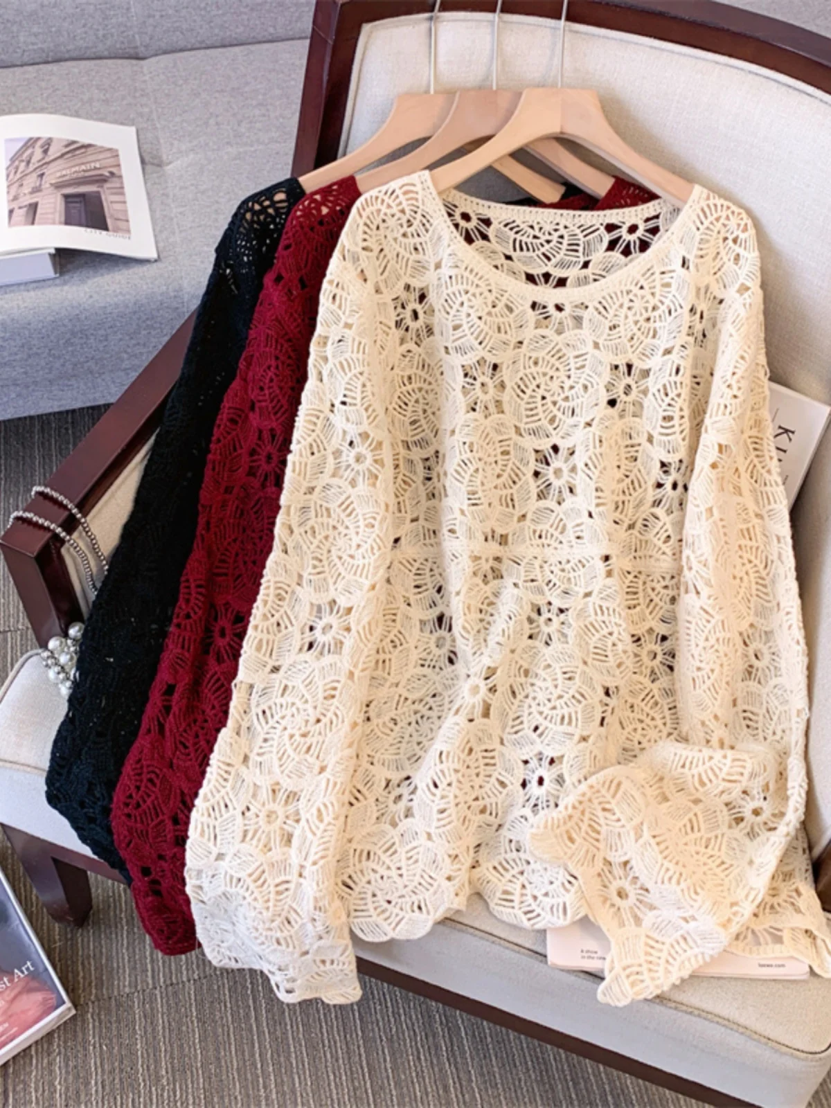 

Retro Hollow out Knitted Sweater Women's Loose Lazy Sle Layering Long Sve Outerwear irt Top Comfortable Breathable