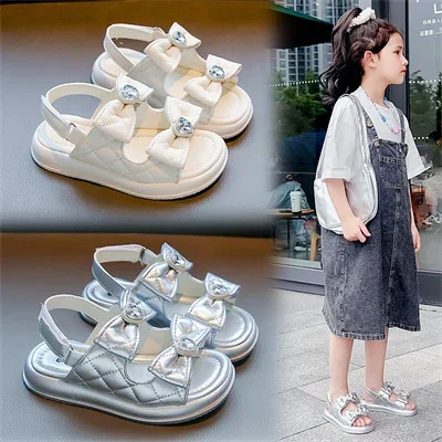 Children\'s Rhinestone Bow Non-slip Soft Soled Open Toe Princess Sandals Girls 2024 Summer New Fashion Temperament Sandals