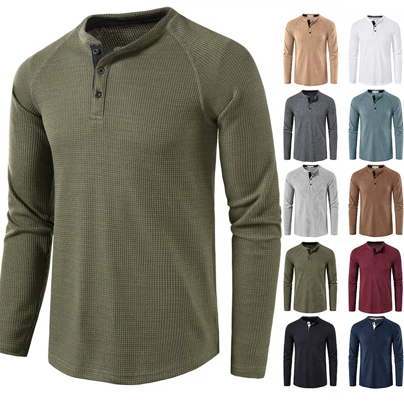 Fashion Waffle Cotton T Shirt Men Autumn New Slim Fit Long Sleeve Henley Tshirt Men Streetwear Casual Solid Color T-Shirt