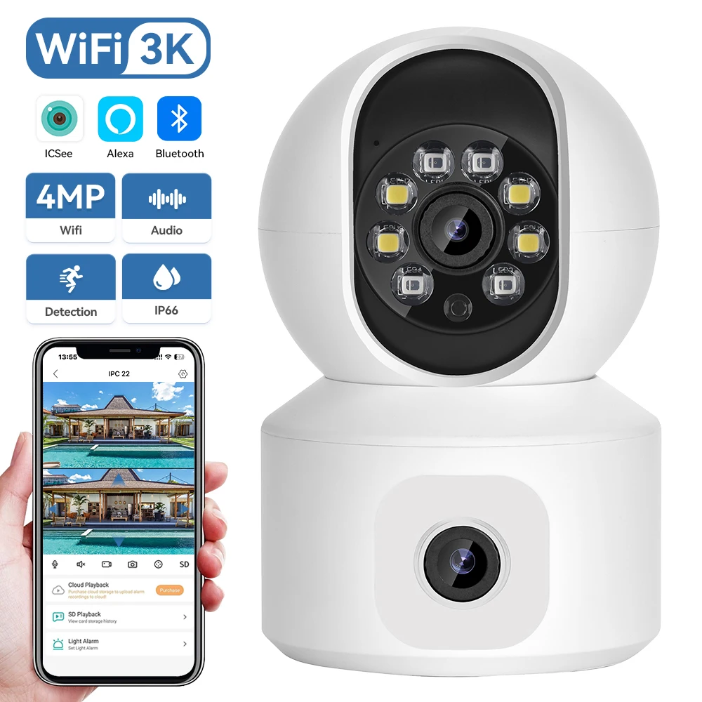 

4 МП Wi-Fi камера с двумя объективами, двухэкранная, для наблюдения за младенцами, с автослежением, ночным видением, внутренняя мини PTZ IP-камера для видеонаблюдения