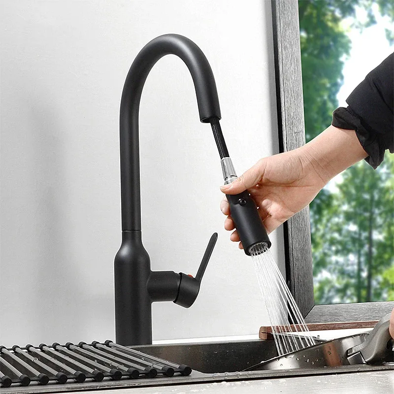 Dual Function Kitchen Faucet Pull Out Tap Head Kitchen Sink Water Mixer Faucet Black & Chrome Color