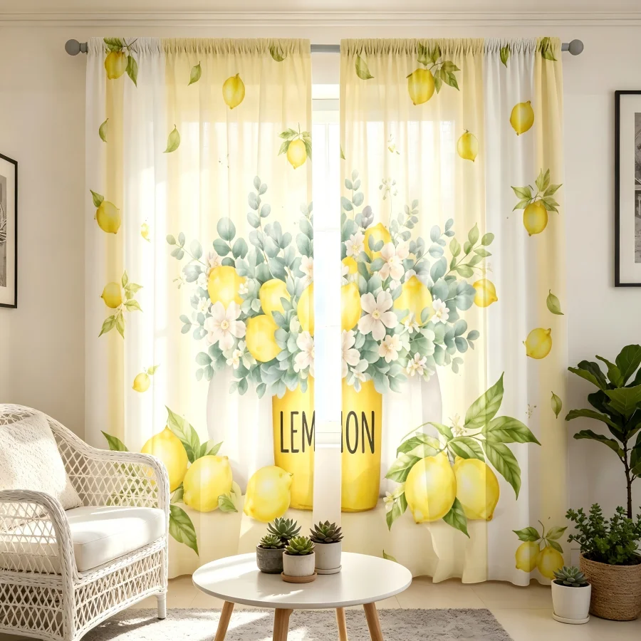 2PCS Digital Print  Curtain, Lemon Vase, Vintage Retro Aesthetic  Drape for Apartment Dorm Bedroom Home Decoration