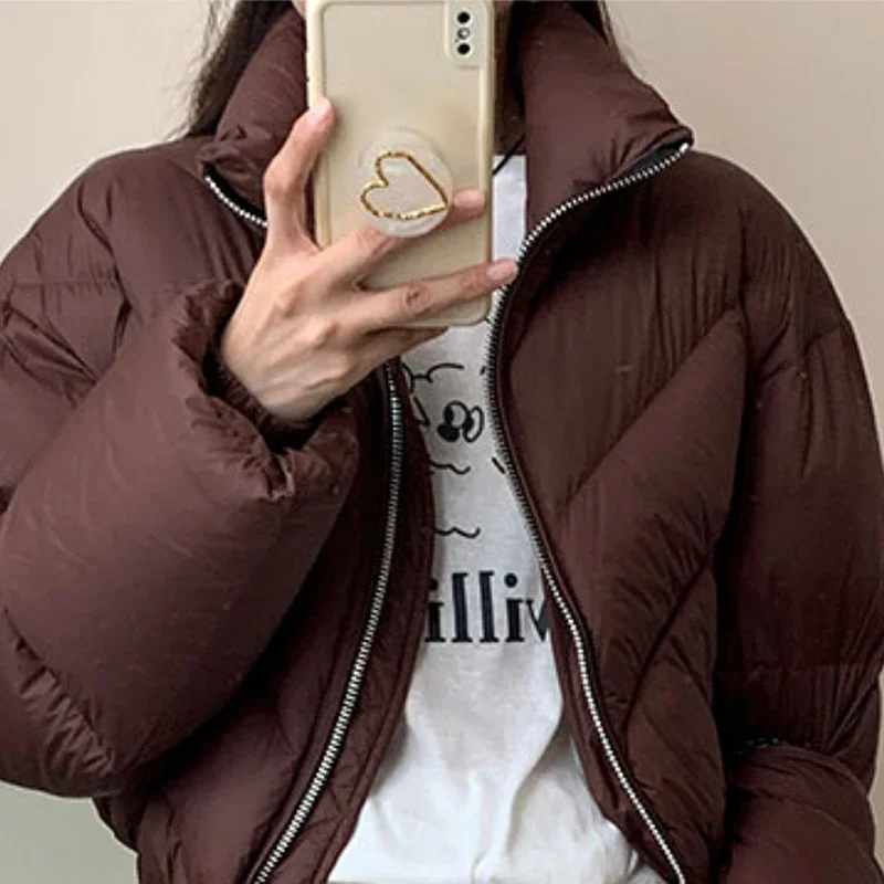 女性用コットンダウンジャケット,ショートパーカー,シックな厚手のパンコート,スタンドアップカラー,ジッパー付き衣類,アウター,ファッション,冬,新品,2024