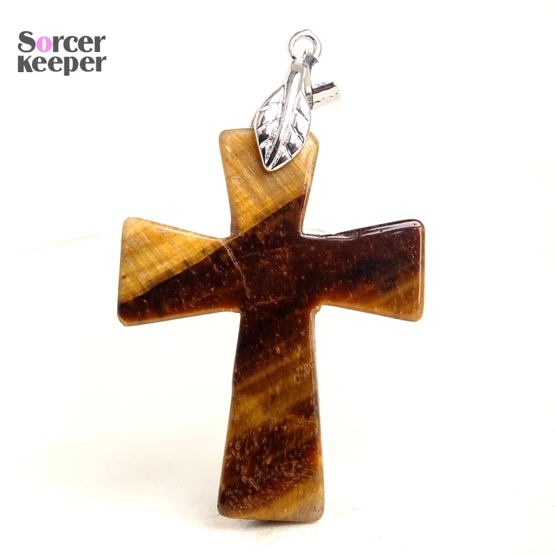 Cross Jewelry Natural Tiger Eye Necklace Pendants Gem Stone Slide Pendant Healing Reiki Men\'s Woman\'s Gift BO556