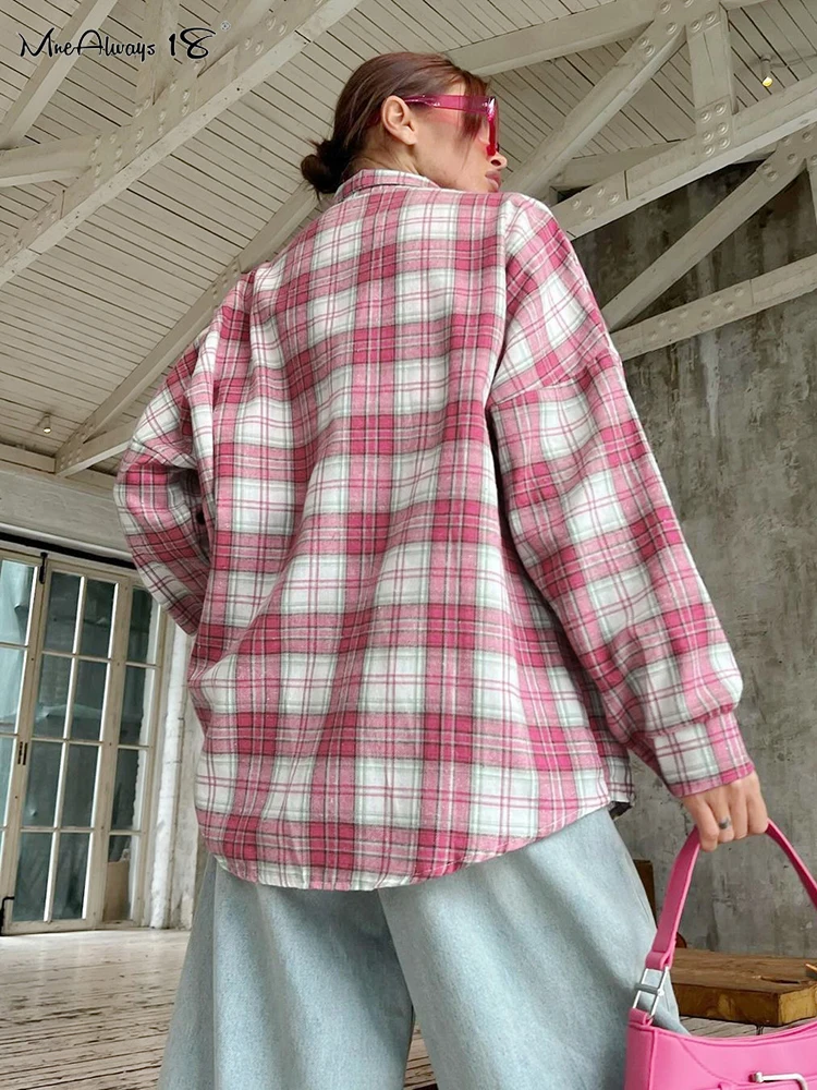 Mnealways18 Pink Casual Oversize Checked Shirts Women Turn Down Collar Street Style Button Ladies Blouses And Tops Autumn 2024