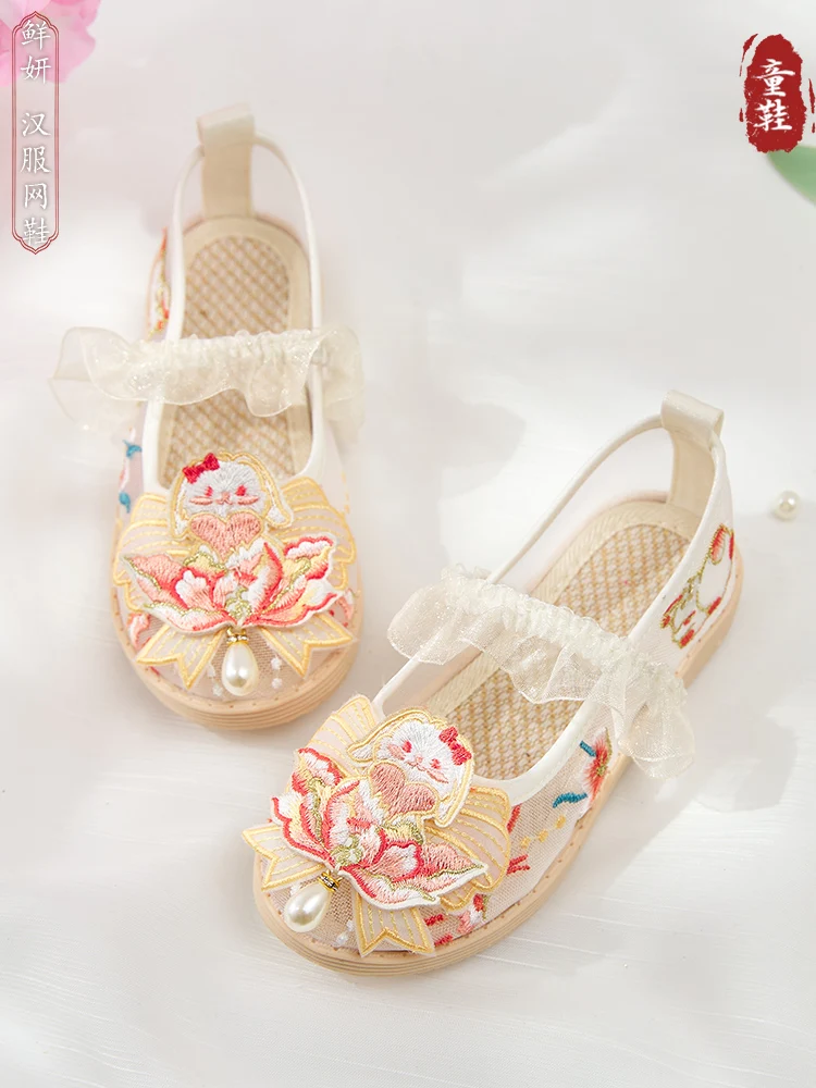 Han حذاء زي صيني للأطفال ، طراز قديم ، عتيق للبنات ، مطرز ، صيفي