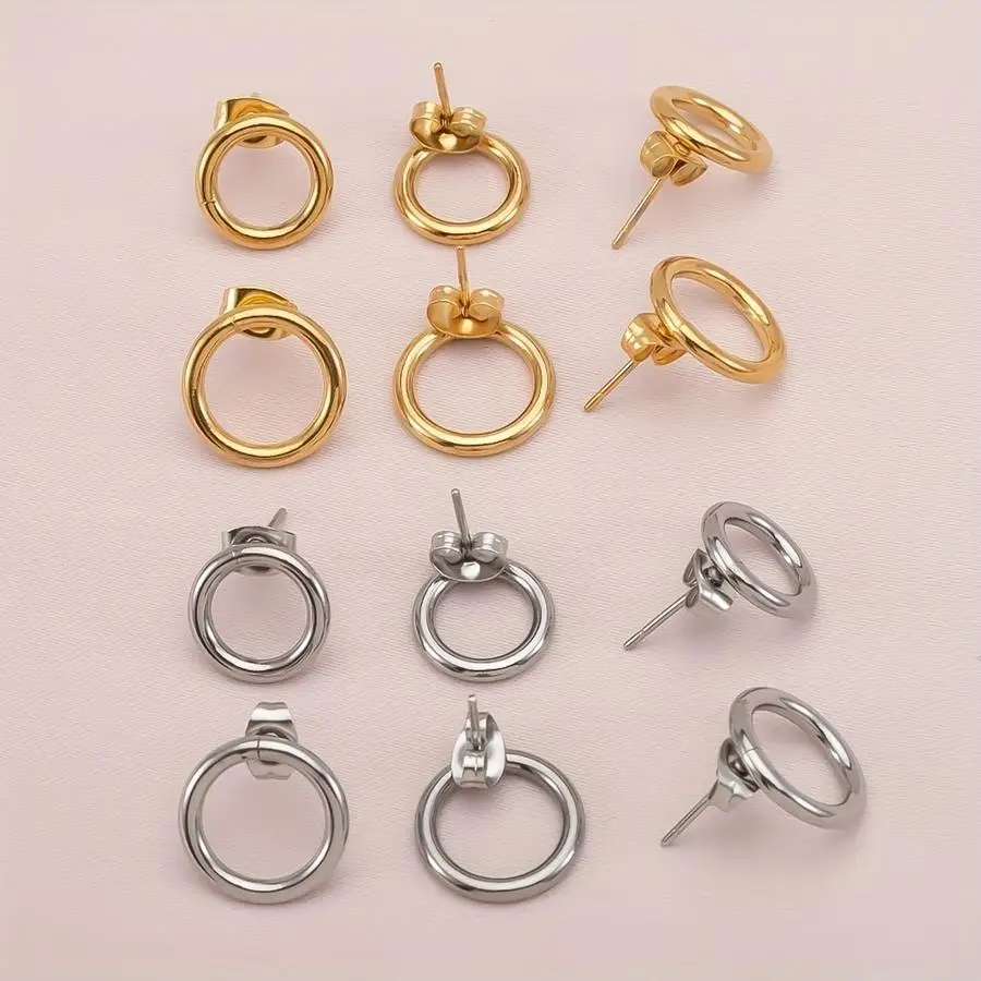 1/5/10/20/50/100pcs sets of circular hoop earrings made of stainless steel, round post with clasp, gold-colored, earring bases f