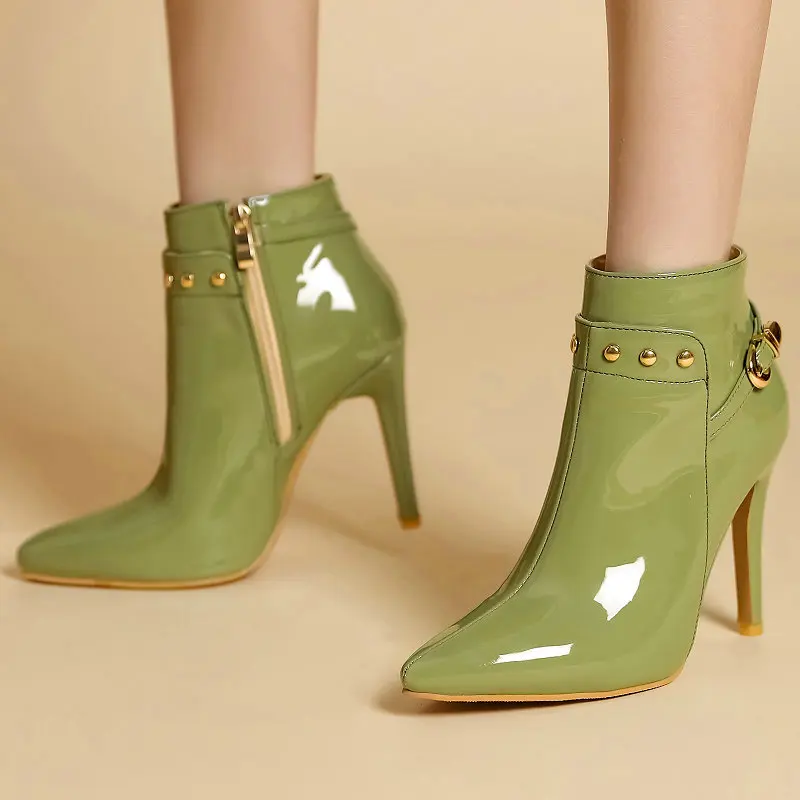 2022 Winter Green Olive Nude Color Pointed Toe Sexy Lady High Heels Shoes Plus Size 48 49 50 Women Ankle Stiletto Fashion Boots