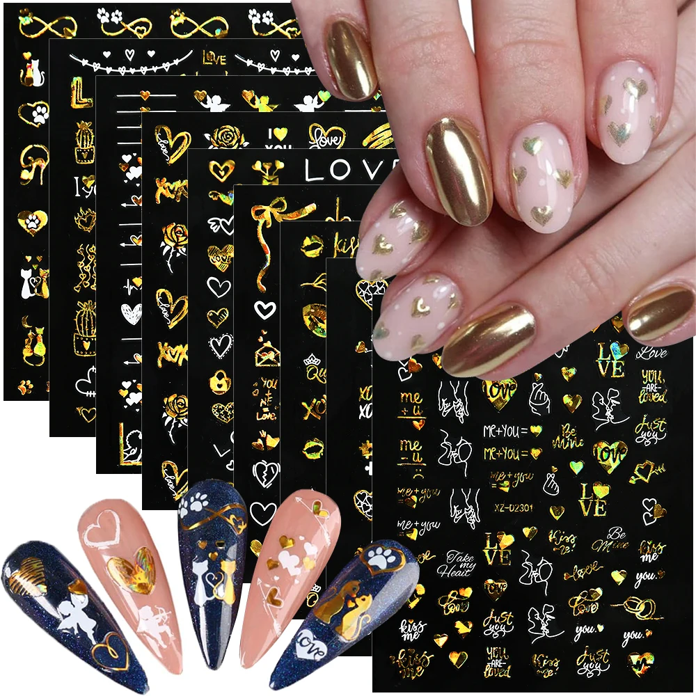 1pc Laser gold/Red Lover Heart 3D Nail Sticker Bronzing Lip/Rose Flower/Letter Self Adhesive Sliders Valentine's Day Decals