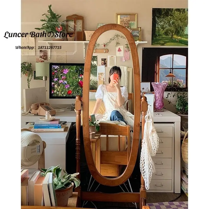 Korean Blogger Ins Style Floor Mirror, French Vintage MCM Full Length Dressing Mirror for Bedroom, Retro Home Decor