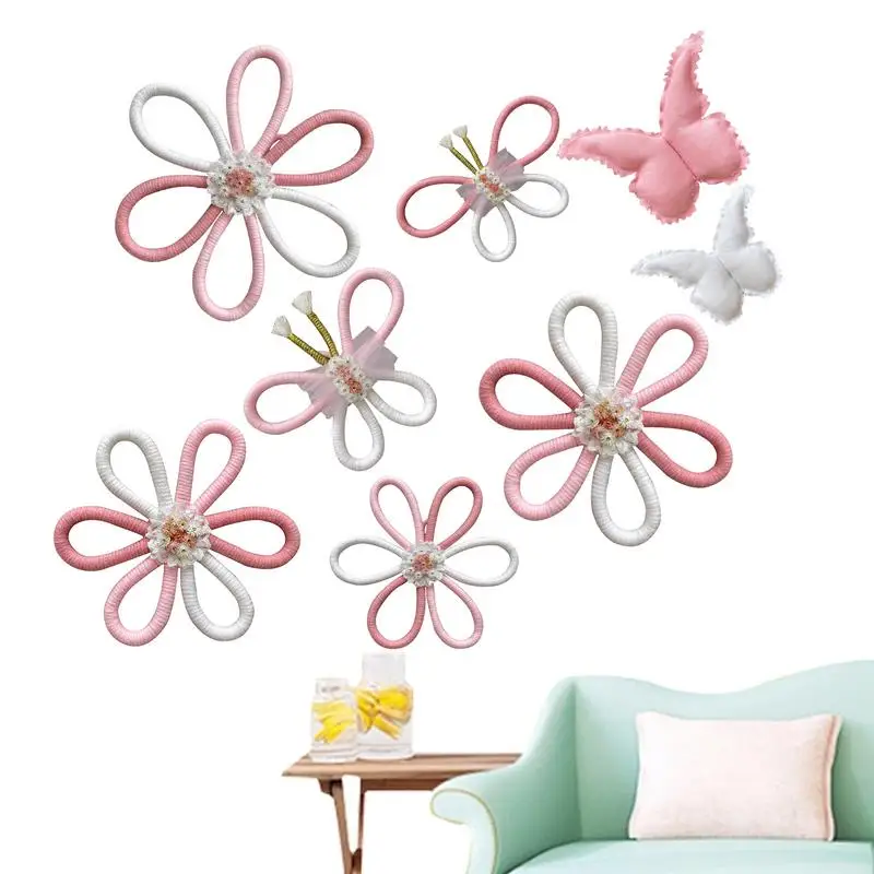 

Nursery Wall Art 6PCS Woven Macrame Daisy Butterfly Hand Woven Boho Macrame Daisy Flower Ornament Wall Hanging Decoration