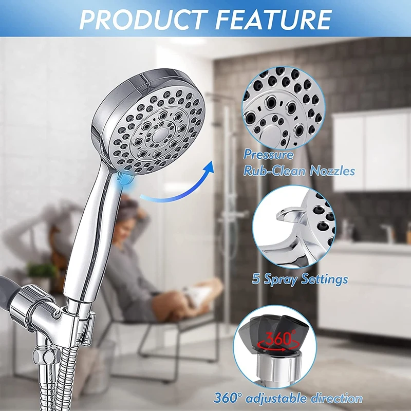 High Pressure Handheld Shower Head, 5-Setting Handheld Shower Head Set With 59-Inch Shower Hose, Adjustable Shower