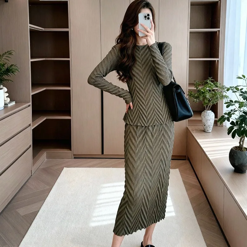 Miyake Faltenrock-Anzug, Plisse 2026, neue Mode, plissiert, zweiteilig, Frühling und Herbst, Temperament, langärmelig, schlanker, dünner Faltenanzug