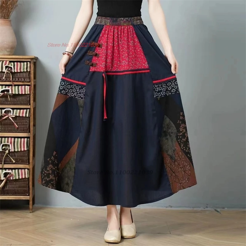 

2025 traditional chinese vintage folk skirt national flower print patchwork skirt elastic waist a-line ethnic skirt streetwear