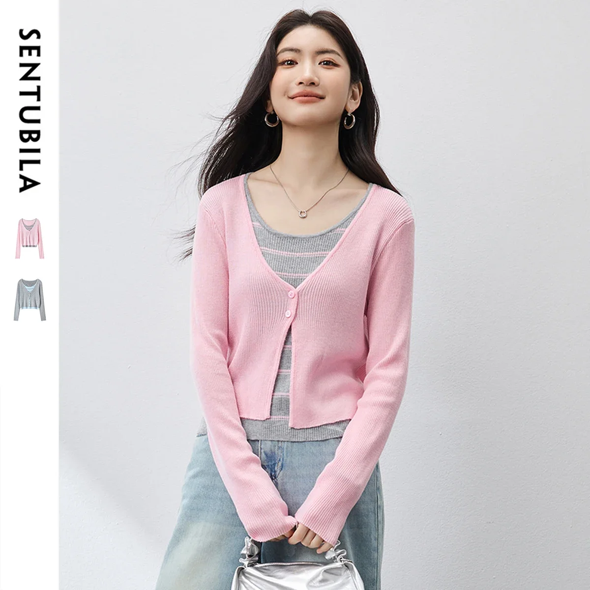 

SENTUBILA Women's Elegant Sweaters 2pcs 2025 Autumn O-Neck Knitted Spliced Top Loose Soft Commuter Ladies Clothes W51H80403