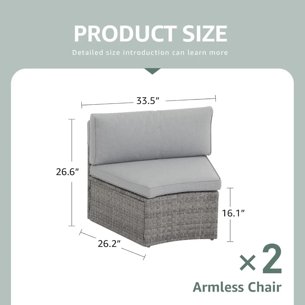 Muebles de patio de media luna de 2 piezas para exteriores, sofá curvo para exteriores, conjunto seccional de mimbre con cojines grises