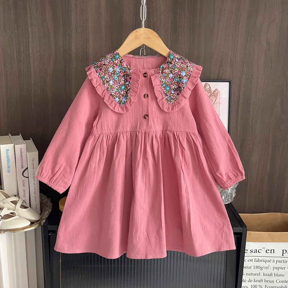 2 3 4 5 6 -year-old Girls' Clothing Wine Red Lapel Floral Long Sleeved Dress Casual Countryside Style Autumn