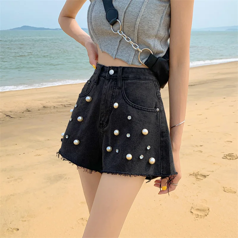Fashion Wide Leg Pants Women Summer Korean Version of High Waist Slimming Casual Beaded Pants Denim Shorts Vintage Streetwear