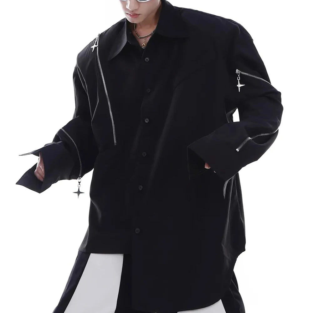 

Мужская весенняя рубашка Y2K с молнией и пэчворком, асимметричная, для уличной моды, ночных клубов и сценических выступлений, мужская одежда 2026